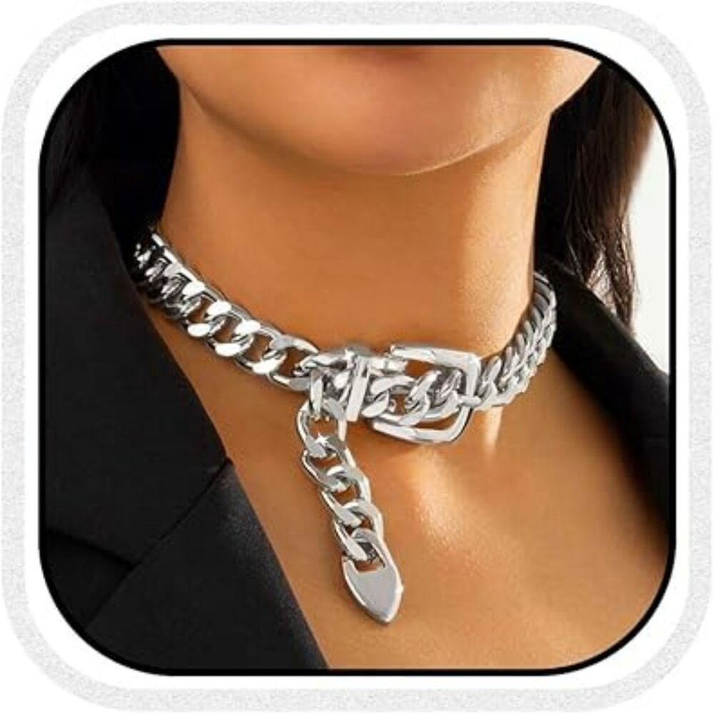 Belt Buckle Choker Necklace Punk Chunky Choker Necklace‎ Silver